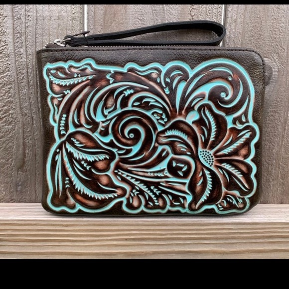 Patricia Nash Cassini wristlet, tooled turquoise - Picture 1 of 12